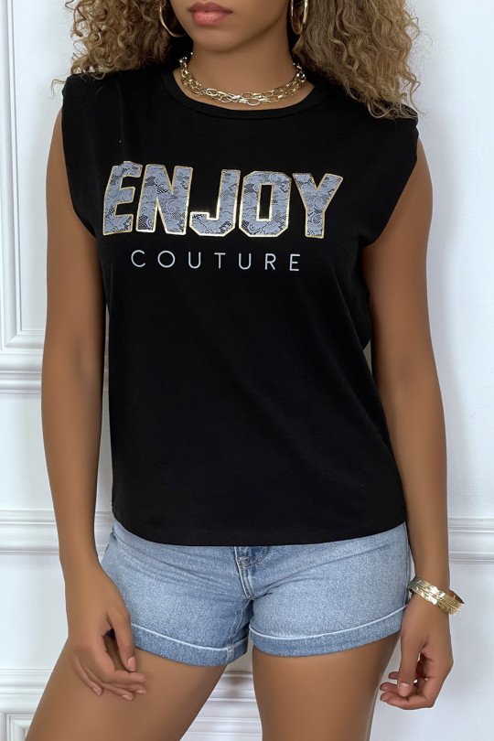 Tee-shirt noir à épaulettes avec écriture ENJOY - 1