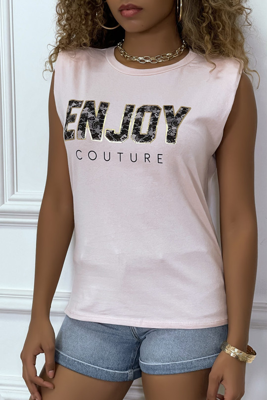 Tee-shirt rose à épaulettes avec écriture ENJOY - 1