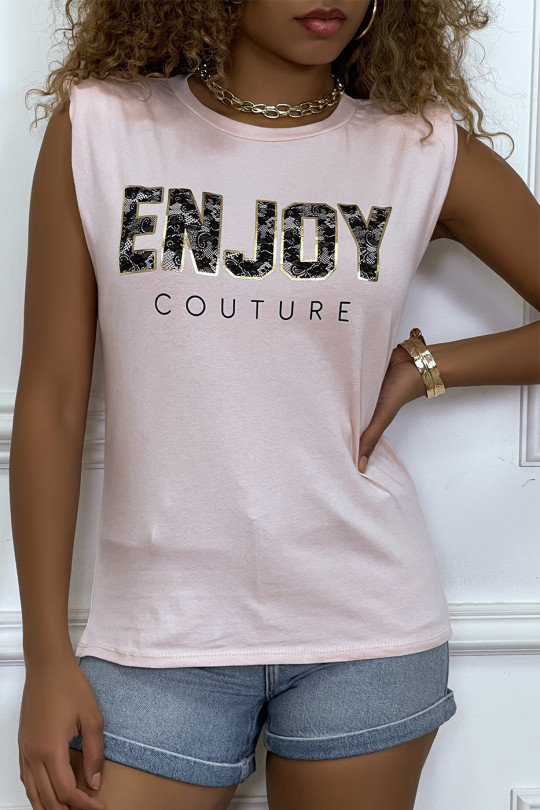 Tee-shirt rose à épaulettes avec écriture ENJOY - 2
