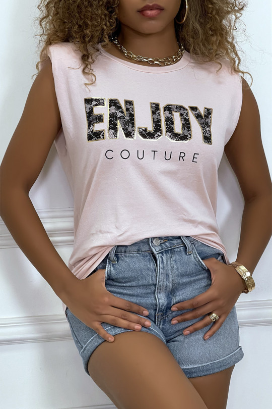 Tee-shirt rose à épaulettes avec écriture ENJOY - 3