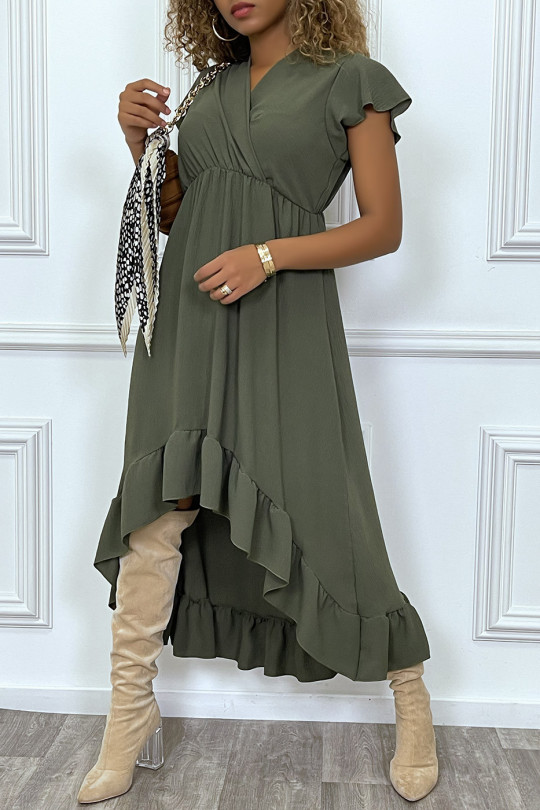 LoLLue khaki dress short front and long back with ruffle and crossover at the bust - 1