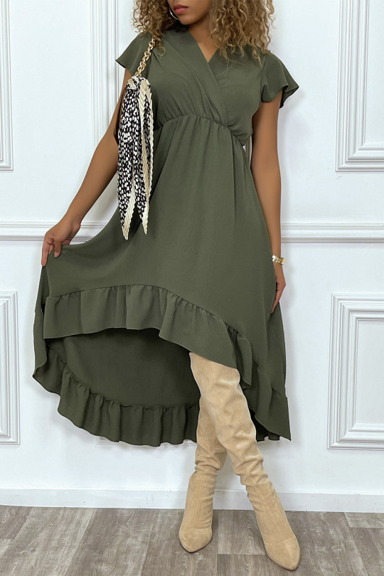 LoLLue khaki dress short front and long back with ruffle and crossover at the bust - 2