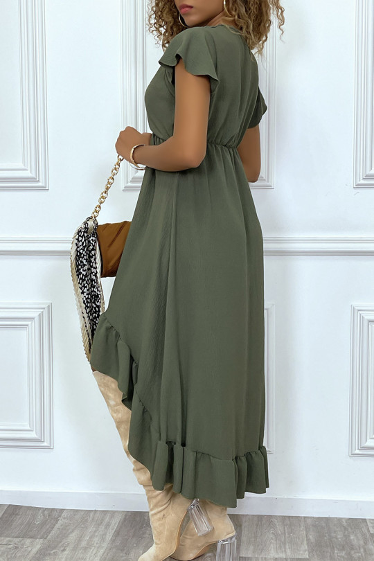 LoLLue khaki dress short front and long back with ruffle and crossover at the bust - 4