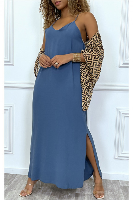 Longue robe indigo à fines bretelles et fentes sur les cotés - 1