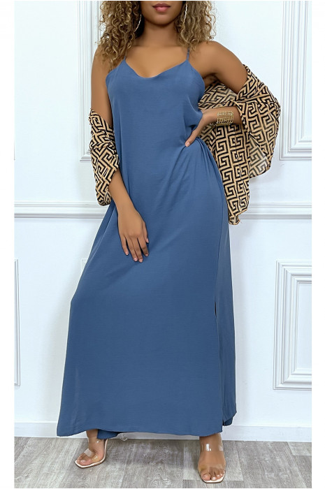 Longue robe indigo à fines bretelles et fentes sur les cotés - 2