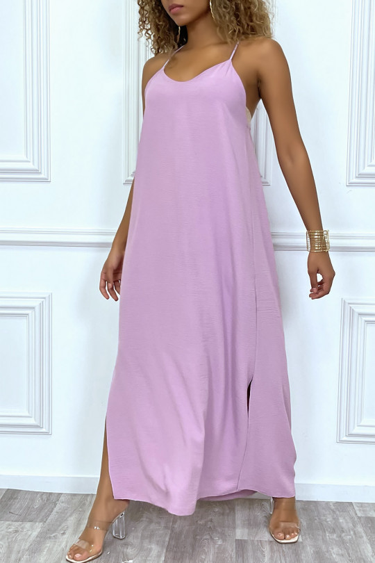 Lange lila jurk met dunne bandjes en zijsplitten - 1