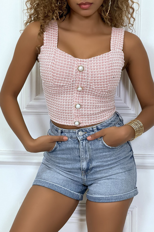 Pink checked tweed top with pearl buttons - 1
