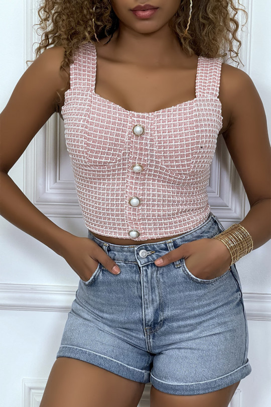 Pink checked tweed top with pearl buttons - 2