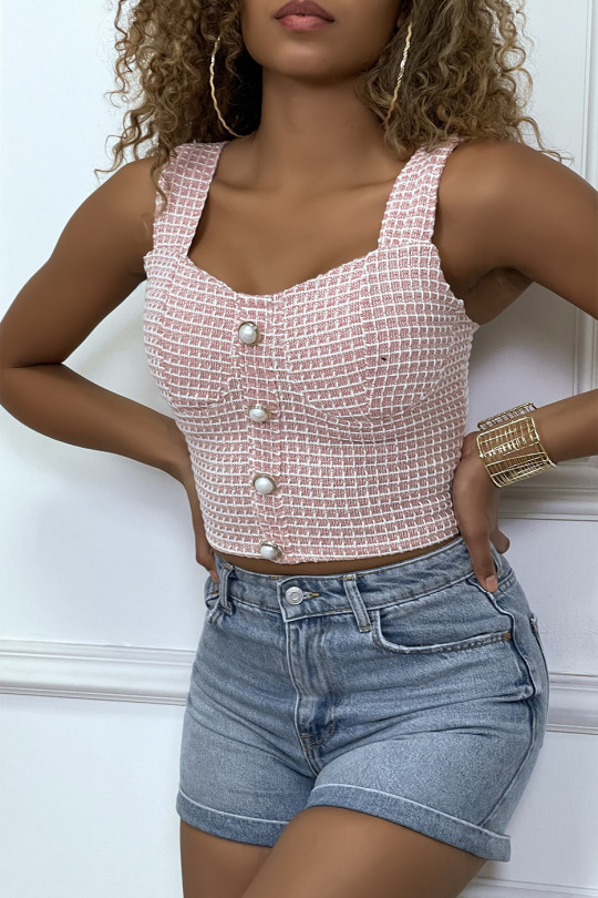Pink checked tweed top with pearl buttons - 3