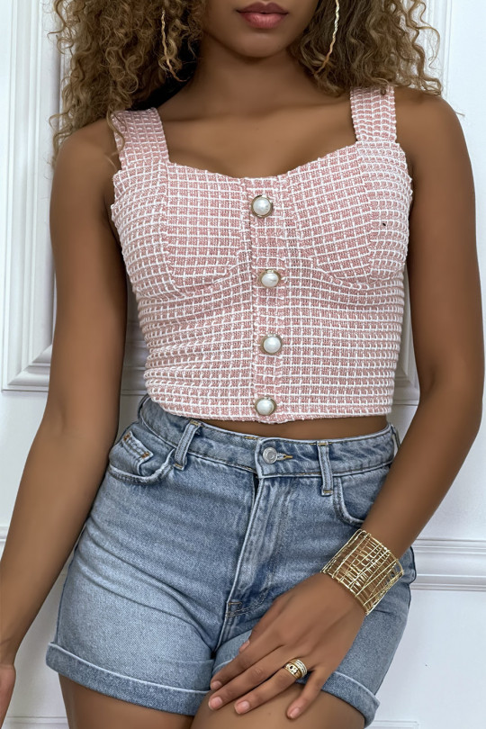 Pink checked tweed top with pearl buttons - 4