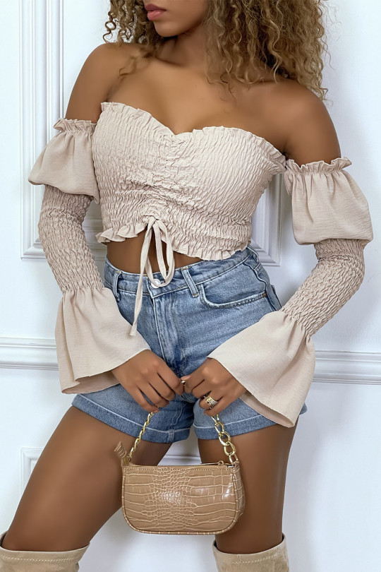 Adjustable beige bustier with flounce sleeves - 1