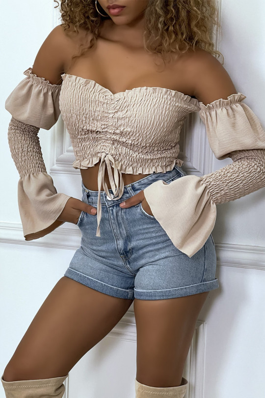 Adjustable beige bustier with flounce sleeves - 3