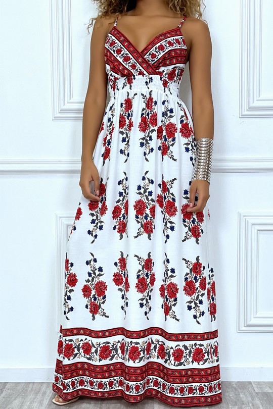 Longue robe blanche buste croisé à fleur rouge - 1