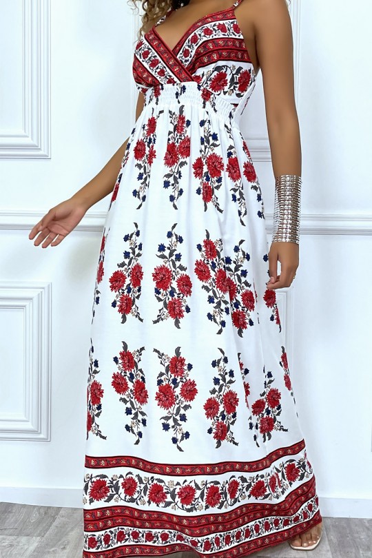 Longue robe blanche buste croisé à fleur rouge - 2