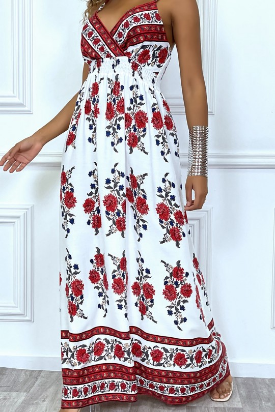 Longue robe blanche buste croisé à fleur rouge - 3