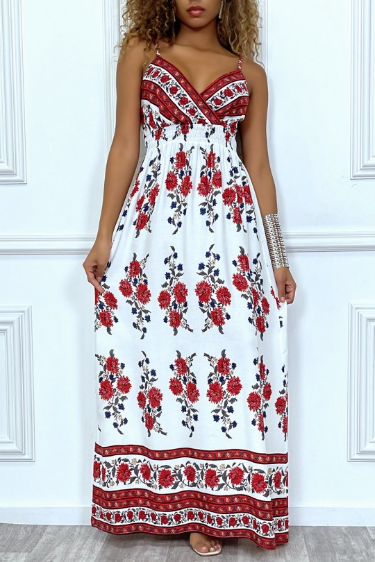 Longue robe blanche buste croisé à fleur rouge - 4
