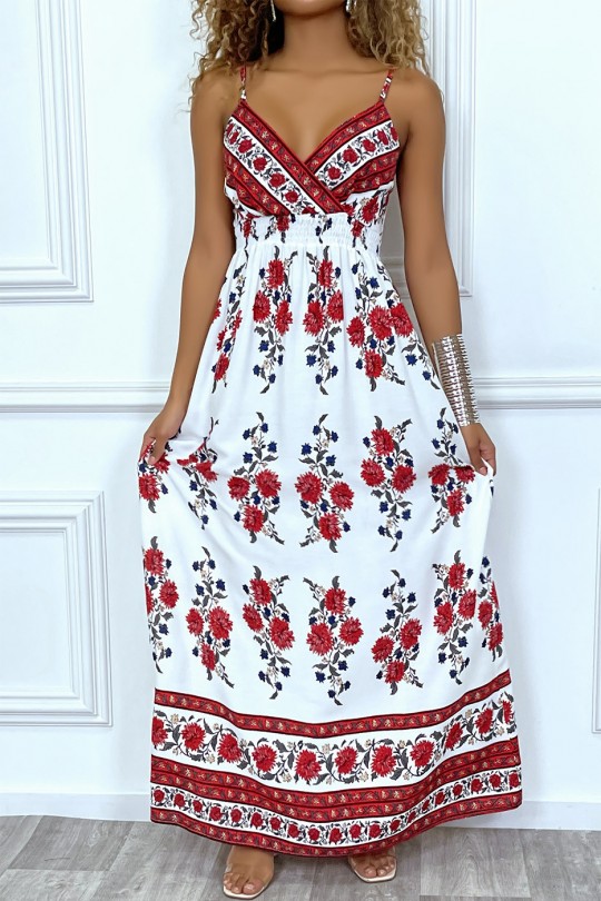Longue robe blanche buste croisé à fleur rouge - 5