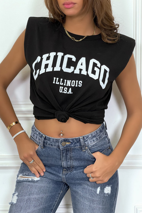 T-shirt noir avec épaulettes et écriture CHICAGO devant - 1