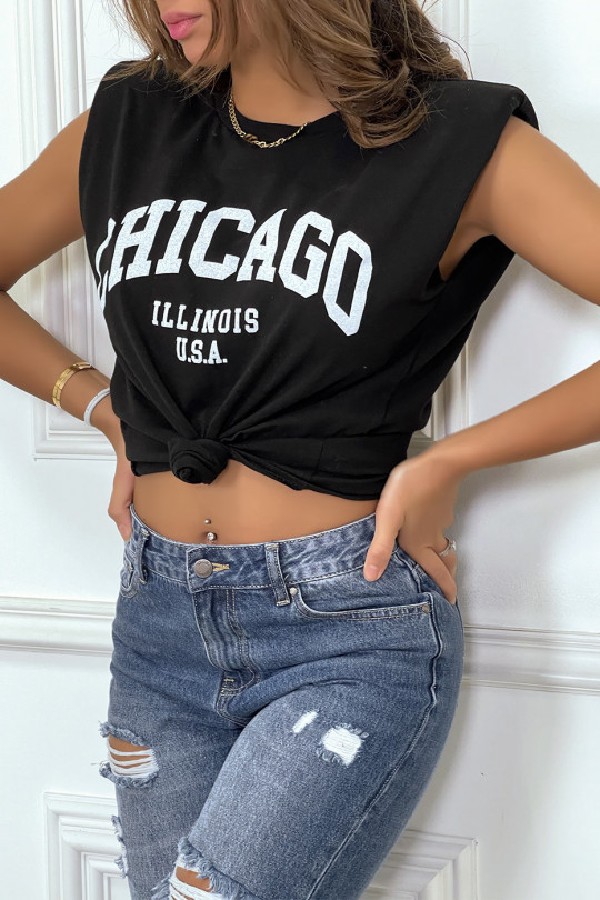 T-shirt noir avec épaulettes et écriture CHICAGO devant - 2