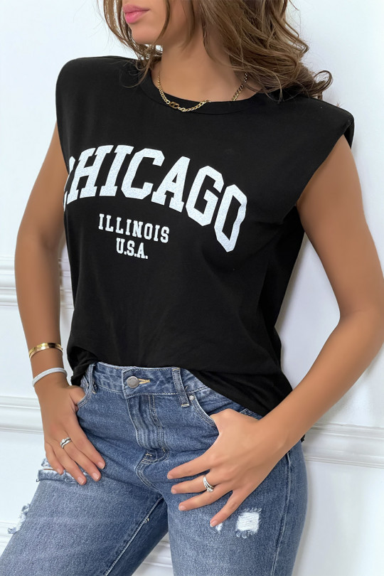 T-shirt noir avec épaulettes et écriture CHICAGO devant - 4