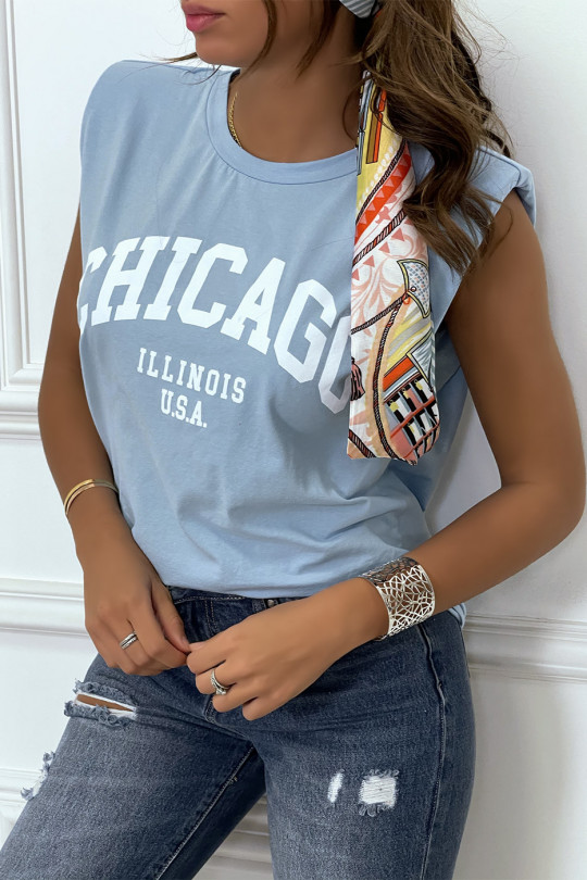 T-shirt turquoise avec épaulettes et écriture CHICAGO devant - 1