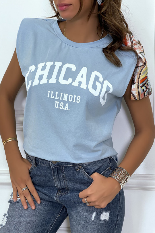 T-shirt turquoise avec épaulettes et écriture CHICAGO devant - 2
