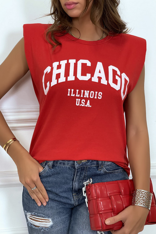 Rood T-shirt met epauletten en CHICAGO-tekst op de voorkant - 1