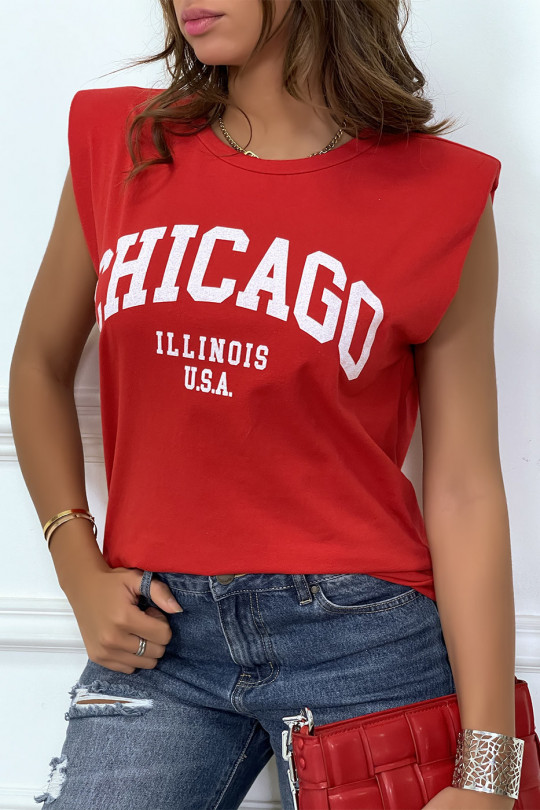 T-shirt rouge avec épaulettes et écriture CHICAGO devant - 2