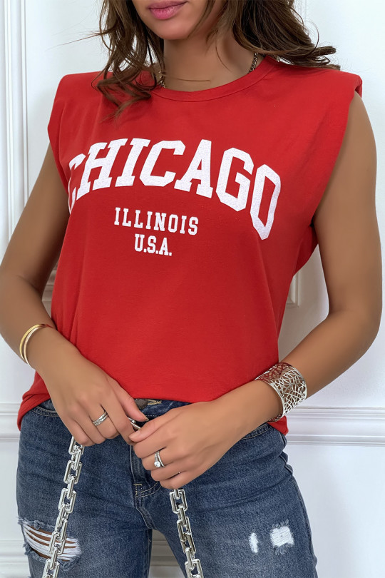 T-shirt rouge avec épaulettes et écriture CHICAGO devant - 4