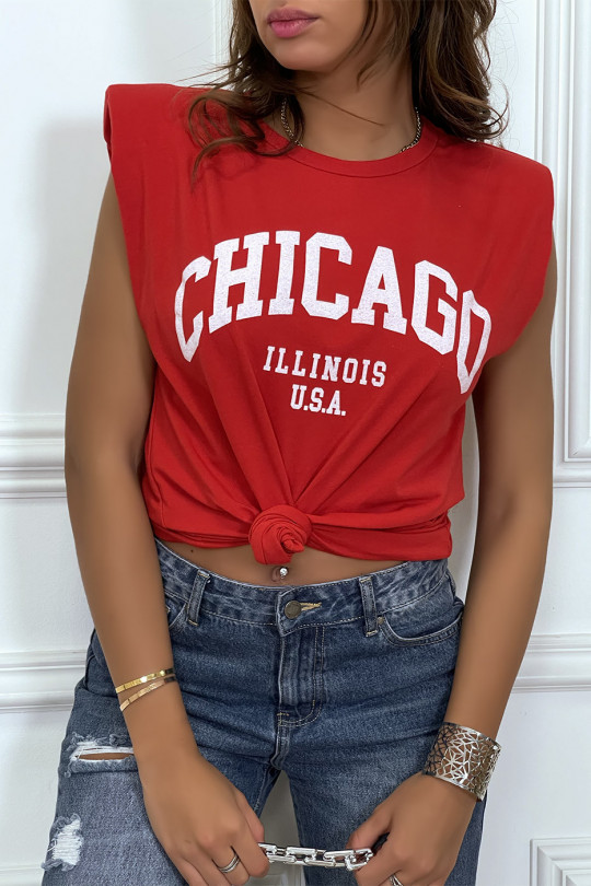 T-shirt rouge avec épaulettes et écriture CHICAGO devant - 5