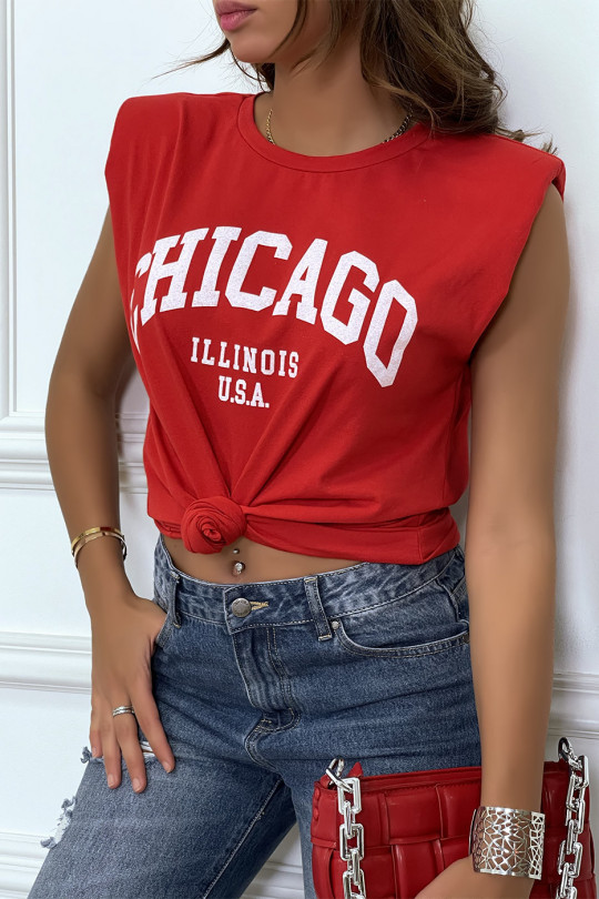 Rood T-shirt met epauletten en CHICAGO-tekst op de voorkant - 6