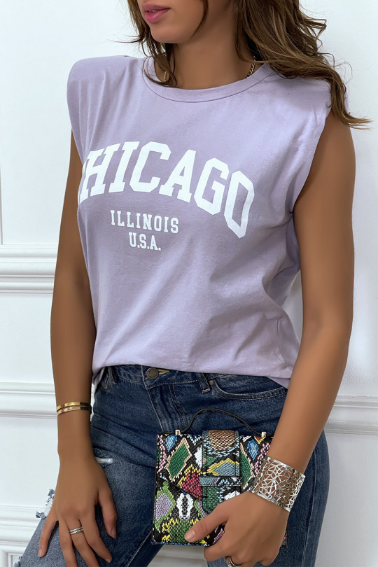 T-shirt lila avec épaulettes et écriture CHICAGO devant - 1