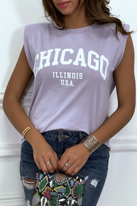 Lila T-shirt met epauletten en CHICAGO-tekst op de voorkant - 2