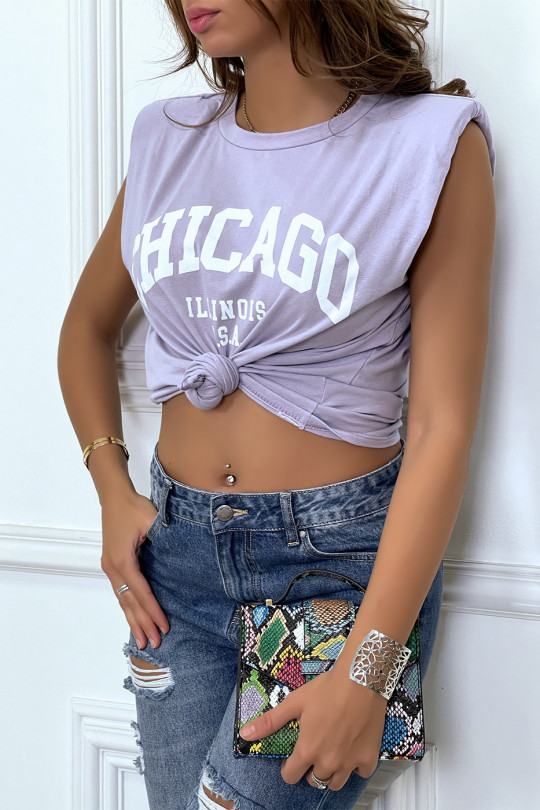 Lila T-shirt met epauletten en CHICAGO-tekst op de voorkant - 6