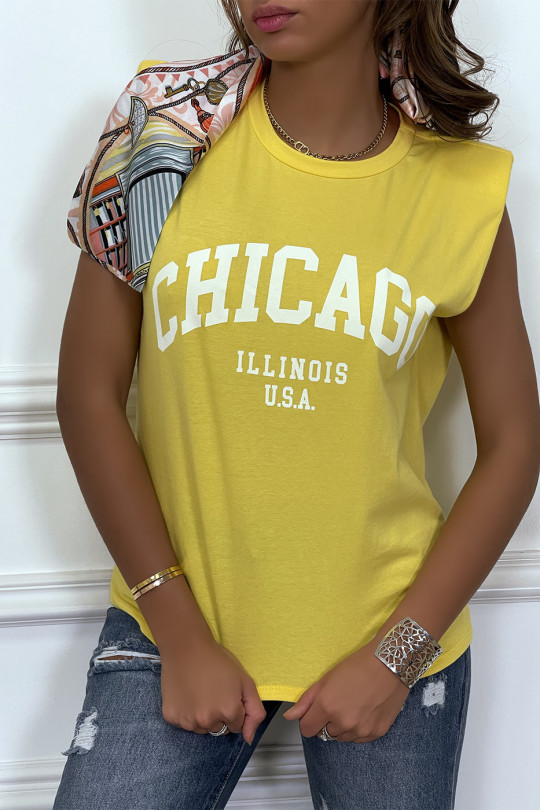 T-shirt jaune avec épaulettes et écriture CHICAGO devant - 1