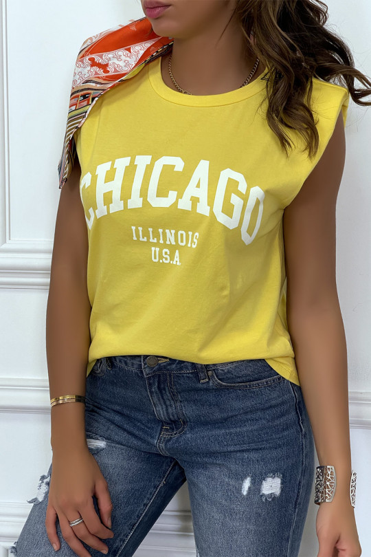 T-shirt jaune avec épaulettes et écriture CHICAGO devant - 2