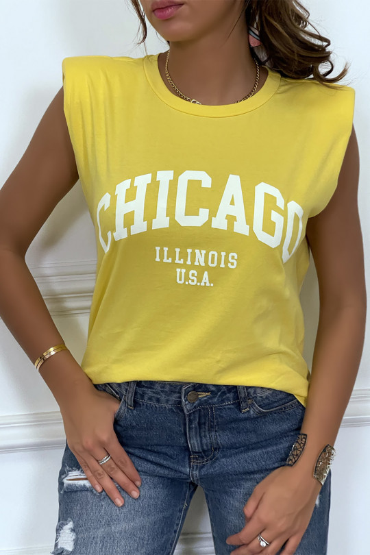 T-shirt jaune avec épaulettes et écriture CHICAGO devant - 3