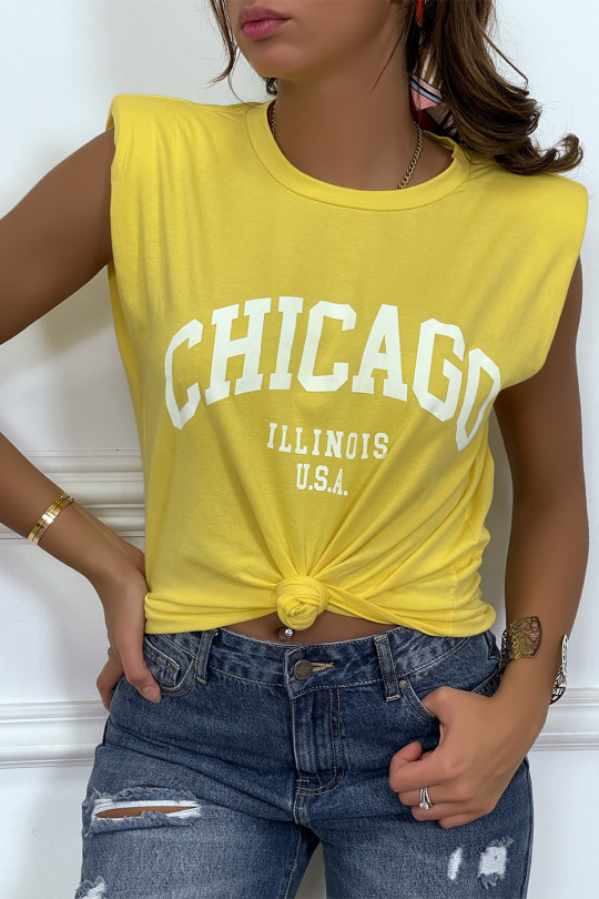 T-shirt jaune avec épaulettes et écriture CHICAGO devant - 6