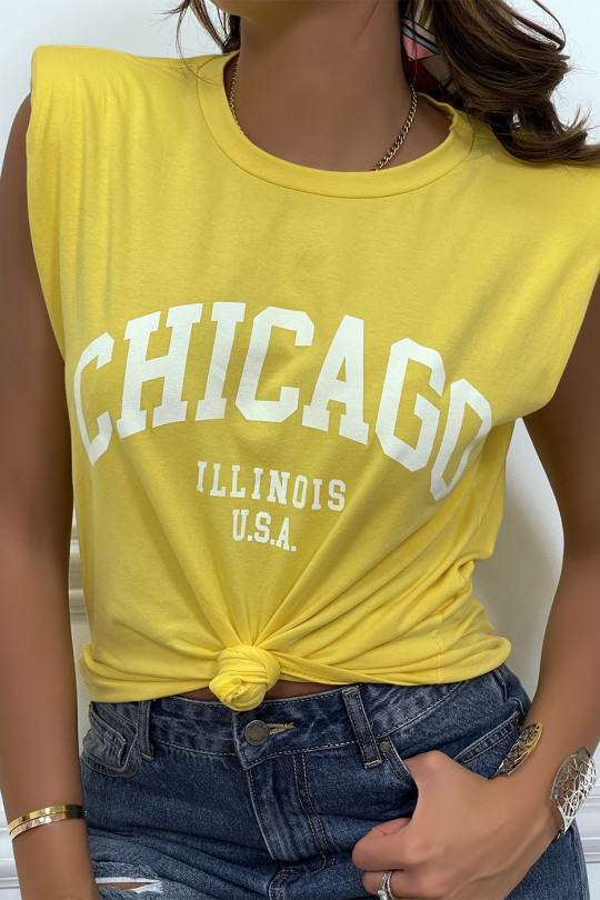 T-shirt jaune avec épaulettes et écriture CHICAGO devant - 7
