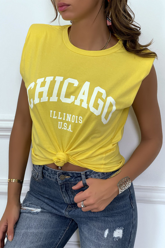 Geel t-shirt met epauletten en CHICAGO-tekst op de voorkant - 8