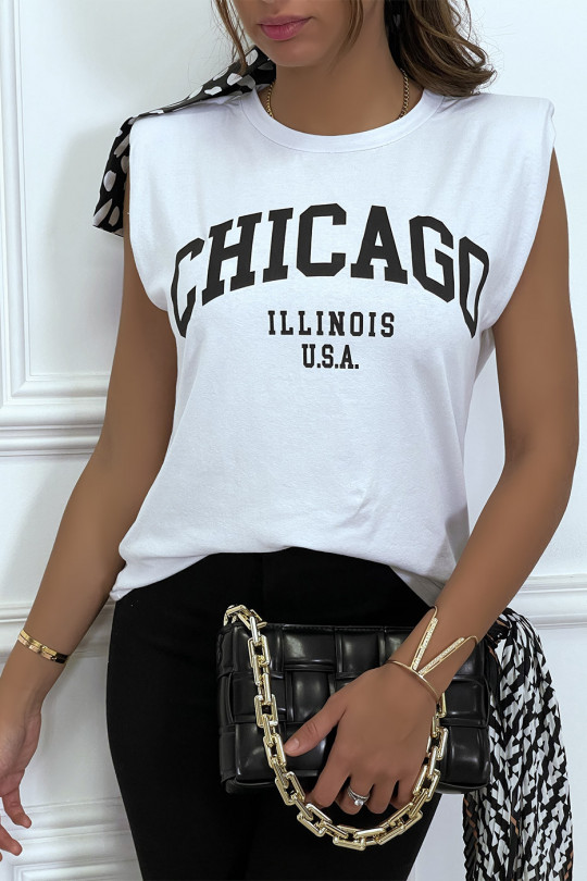 T-shirt blanc avec épaulettes et écriture CHICAGO devant - 1