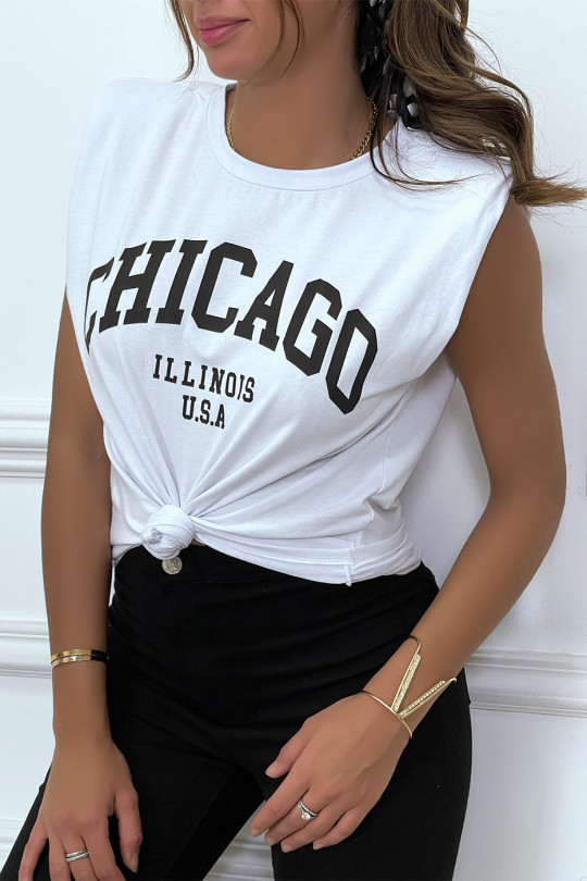 T-shirt blanc avec épaulettes et écriture CHICAGO devant - 3