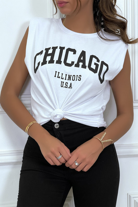 T-shirt blanc avec épaulettes et écriture CHICAGO devant - 4