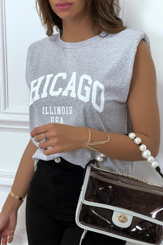 Grijs T-shirt met epauletten en CHICAGO-tekst op de voorkant - 1