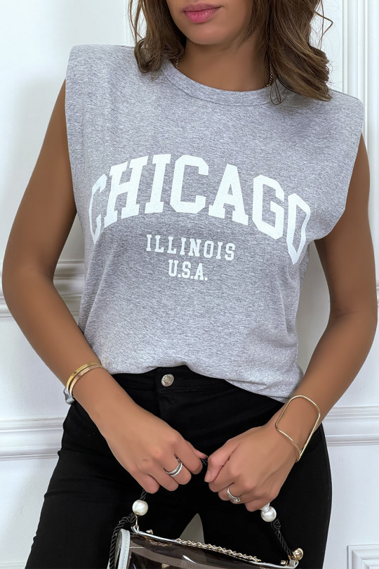 T-shirt gris avec épaulettes et écriture CHICAGO devant - 2