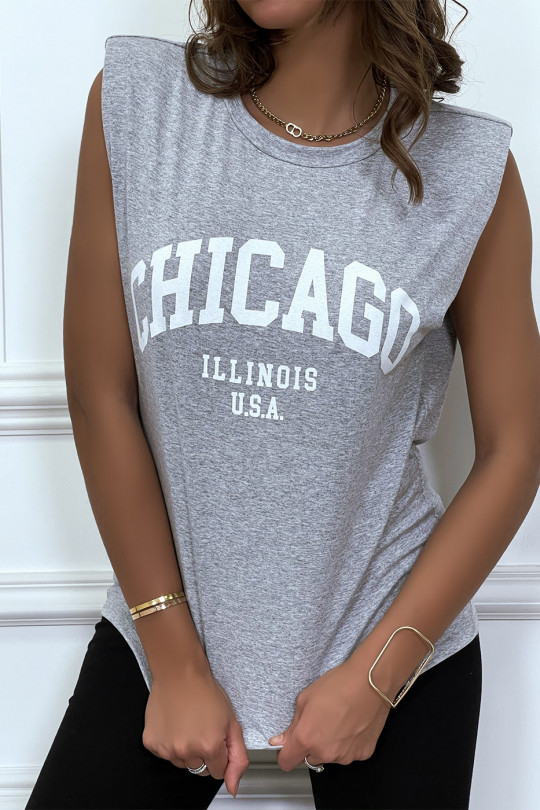 Grijs T-shirt met epauletten en CHICAGO-tekst op de voorkant - 4