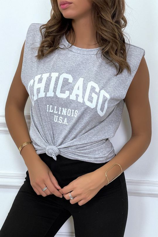 Grijs T-shirt met epauletten en CHICAGO-tekst op de voorkant - 6