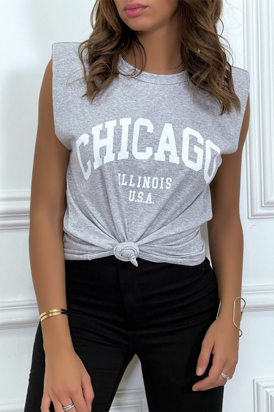 Grijs T-shirt met epauletten en CHICAGO-tekst op de voorkant - 7