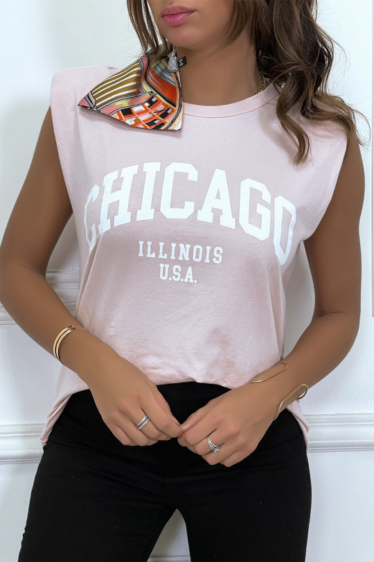 T-shirt rose avec épaulettes et écriture CHICAGO devant - 1