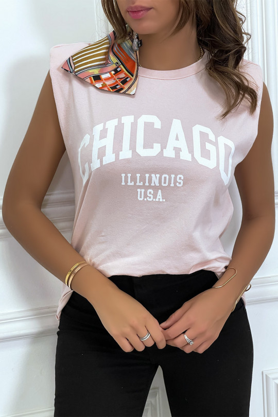 T-shirt rose avec épaulettes et écriture CHICAGO devant - 3